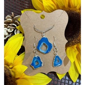 New! Handmade Blue Geode Necklace and Earring Set